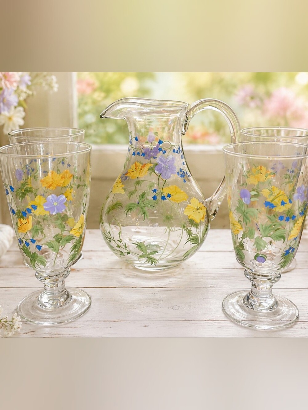 Vintage Oneida Floral Glass Pitcher and 4 Goblets - Yellow, Lavender & Blue